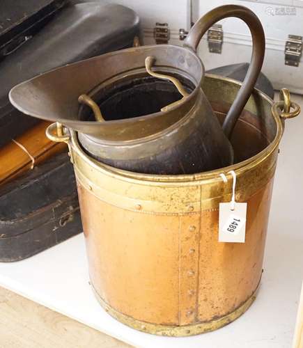 A staved and coopered jug, one coal bucket and a brass kettl...