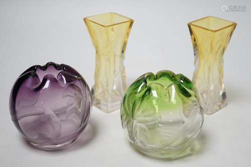 Two pairs of Moser wheel engraved coloured glass posy vases....