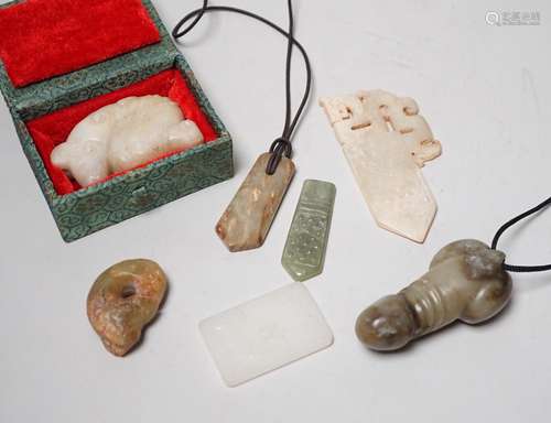 A group of various Chinese jade carvings and a white glass p...