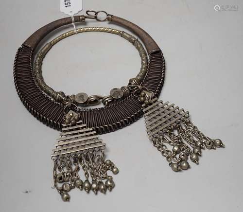 A Chinese Miao Hmong white metal wirework necklace and an In...