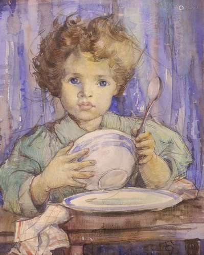 Roy Thompson, watercolour, Child holding a bowl, monogrammed...