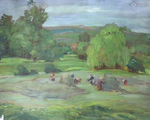 Continental School, oil on board, Harvesters in a landscape,...