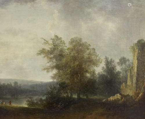 English School c.1800, oil on canvas, Travellers and ruins i...