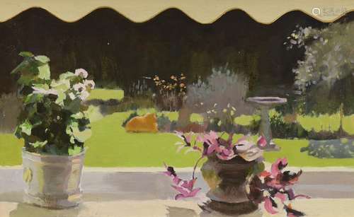 Modern British, oil on board, Pot plants with garden beyond,...