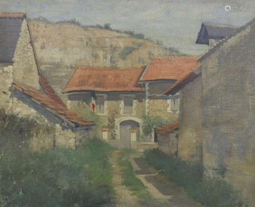 French School, oil on canvas board, Village street scene, in...