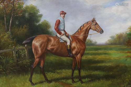 A modern oil on canvas, Portrait of a racehorse with jockey ...