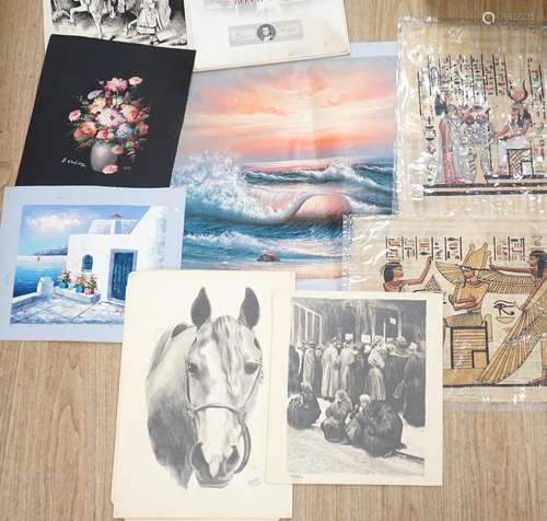 A group of assorted pictures and prints including Egyptian p...