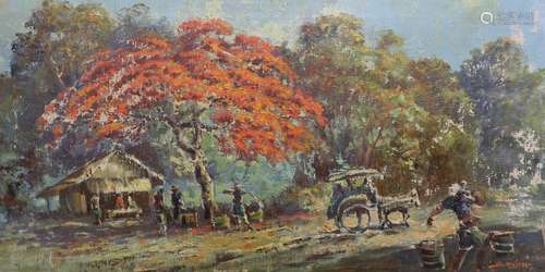 S. de Wardje, oil on canvas, South African? village scene, s...