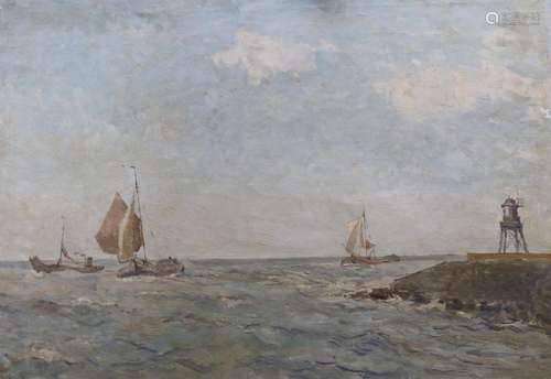 Jagt, oil on canvas, Sail barges entering harbour, indistinc...