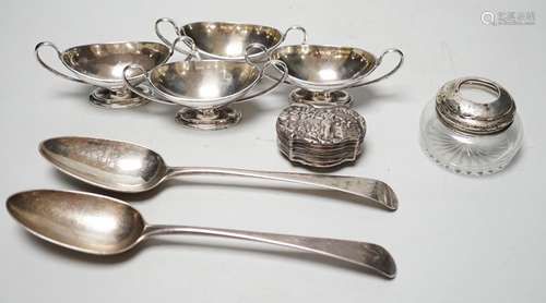 A set of four Edwardian silver two handled boat shaped salts...