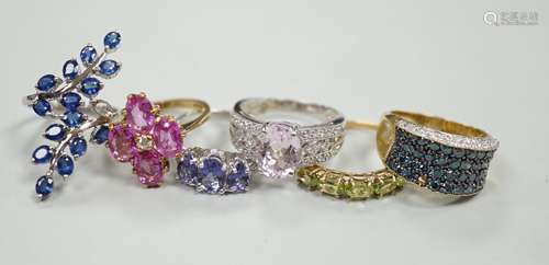 Six assorted modern 9ct gold and gem set dress rings, includ...