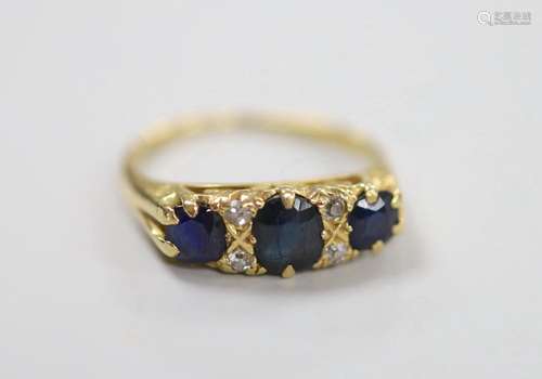 An early to mid 20th century gold, three stone sapphire and ...