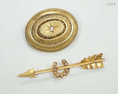 An early 20th century yellow metal, and seed pearl set arrow...