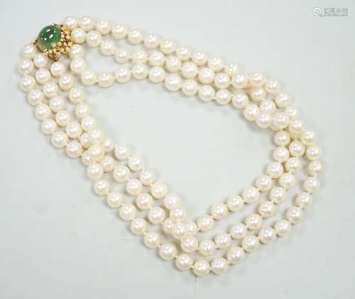 A mid to late 29th century triple strand cultured pearl chok...