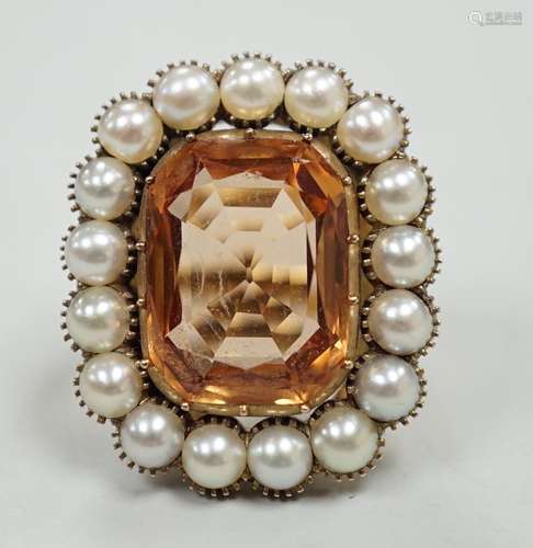 A mid 20th century gold, orange topaz and split pearl set cl...