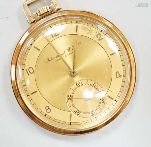 A 585 yellow metal IWC open faced keyless dress pocket watch...