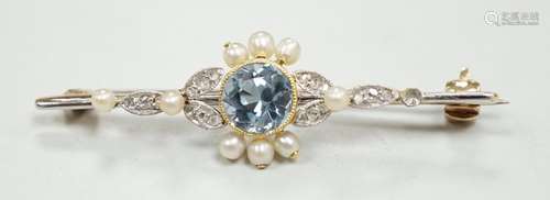 An Edwardian yellow metal, aquamarine, diamond and seed pear...