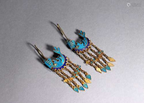 A pair of gilding silver tian-tsui fish earrings