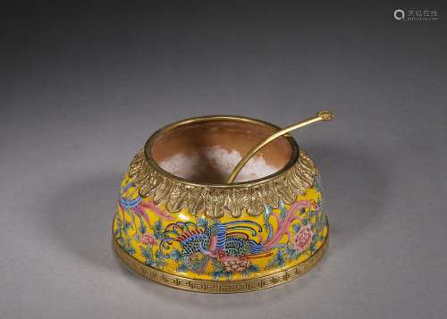 A phoenix and peony patterned copper enamel water pot