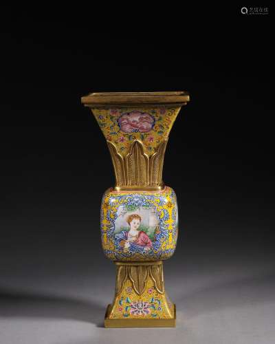 A figure patterned copper enamel beaker vase