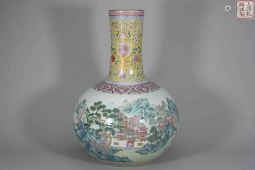 A yellow ground famille rose landscape porcelain tianqiuping