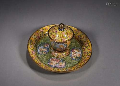 A figure patterned copper enamel cup and saucer