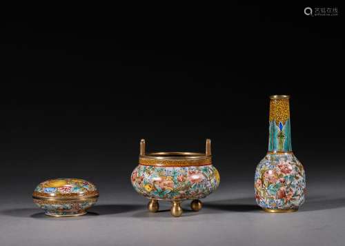 A set of flower patterned copper enamel vessels