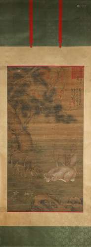 A Chinese silk scroll painting of goat, Zhu Zhanji mark