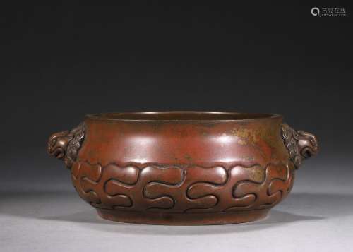 A gold sprinkled double-eared copper censer