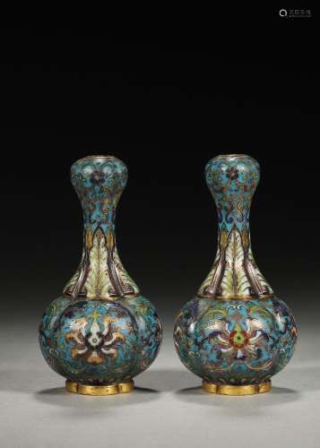 A pair of flower patterned cloisonne vases