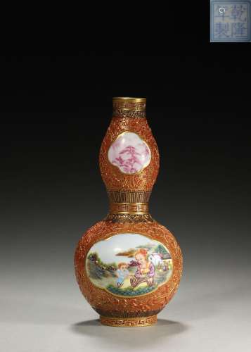 A red ground gilt famille rose figure porcelain gourd-shaped...