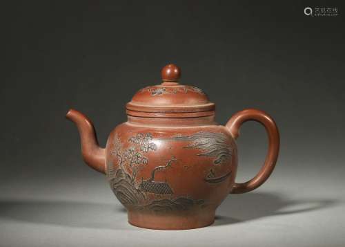 An inscribed painted Yixing clay teapot