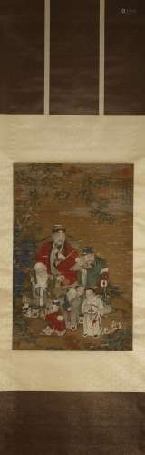 A Chinese figure silk scroll painting, Li Gonglin mark