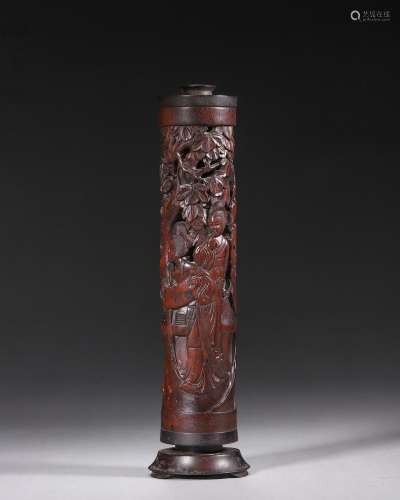 A figure carved bamboo incense burner