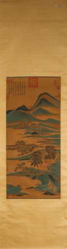 A Chinese landscape silk scroll painting, Chouying mark