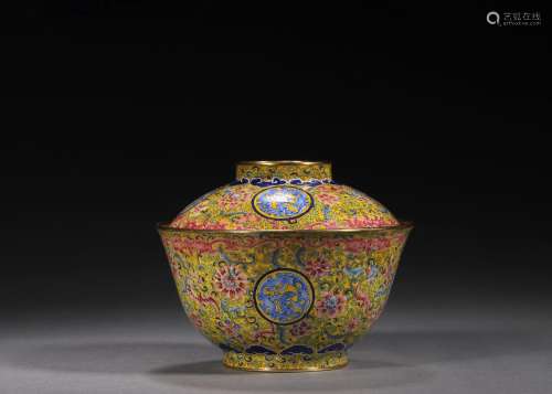 An interlocking flower patterned copper enamel bowl with lid