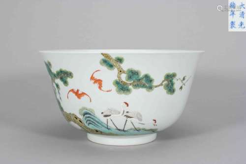 A multicolored bat, pine and crane porcelain bowl