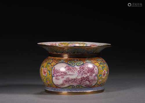 A landscape patterned copper enamel vessel