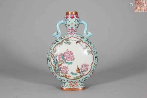 A blue ground famille rose bird and flower porcelain double-...