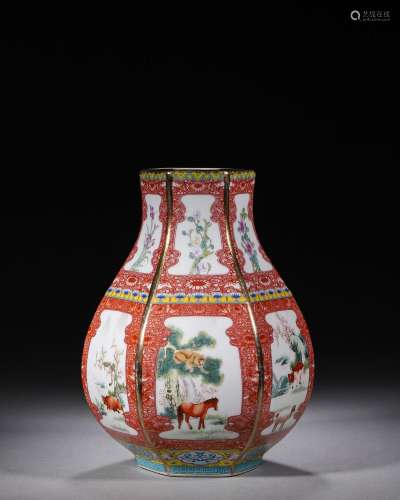 A Chinese zodiac patterned iron red porcelain vase