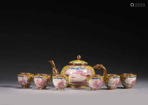 A set of landscape patterned copper enamel teapot and cups