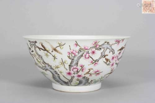 A famille rose magpie and plum blossom porcelain bowl