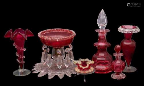A mixed group of cranberry glass, comprising a footed bowl h...