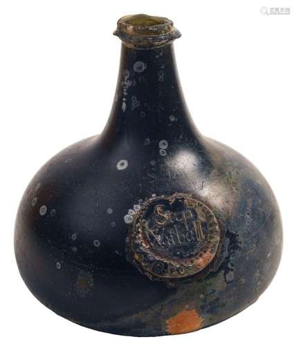 A sealed pancake onion wine bottle, of black colour and  squ...