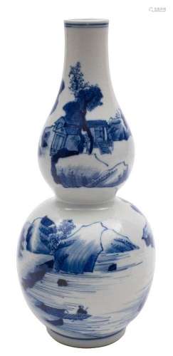 A Chinese blue and white double gourd vase painted with moun...