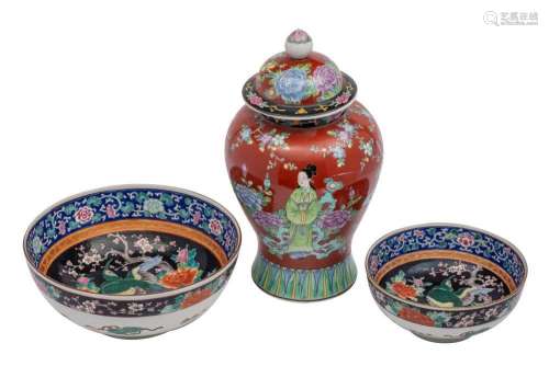 A Japanese famille rose vase and cover and a graduated pair ...