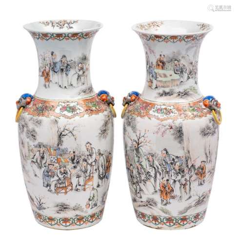 A pair of Chinese famille rose vases of baluster form with w...