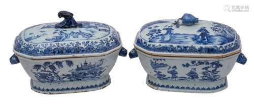 Two Chinese blue and white tureens and covers of octagonal f...