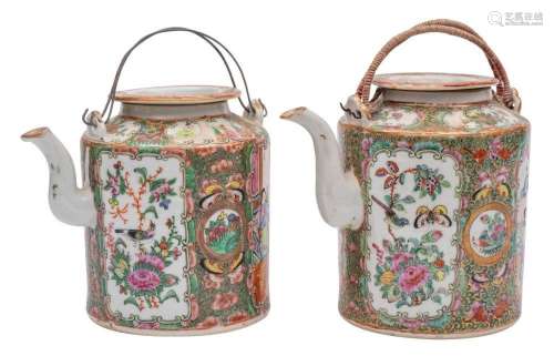 Two Canton cylindrical teapots with recessed flattened cover...