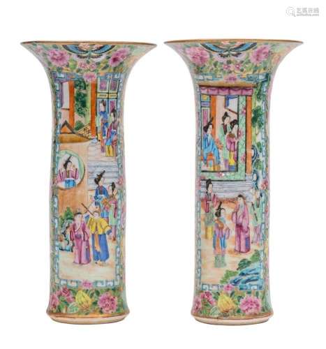 A pair of Canton sleeve vases of slender cylindrical form wi...